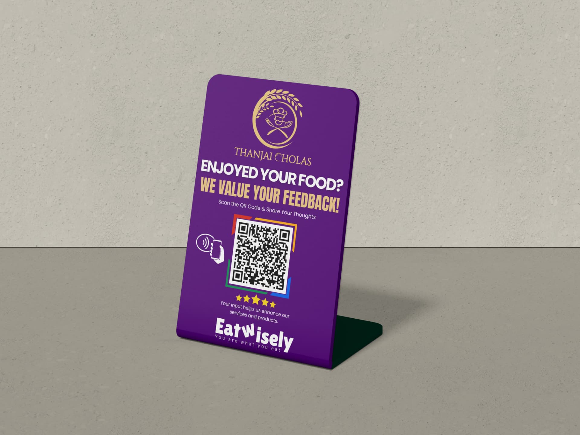Purple personalised acrylic ReviewWise QR code stand for a restaurant